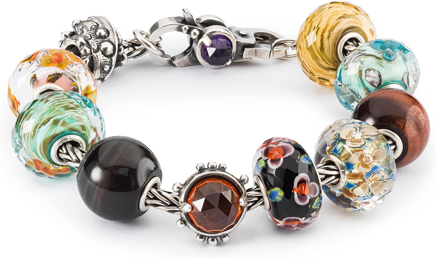 Trollbeads 1p Cream-colored Glass Round Bead for Jewelry Making, Wildflowers Design