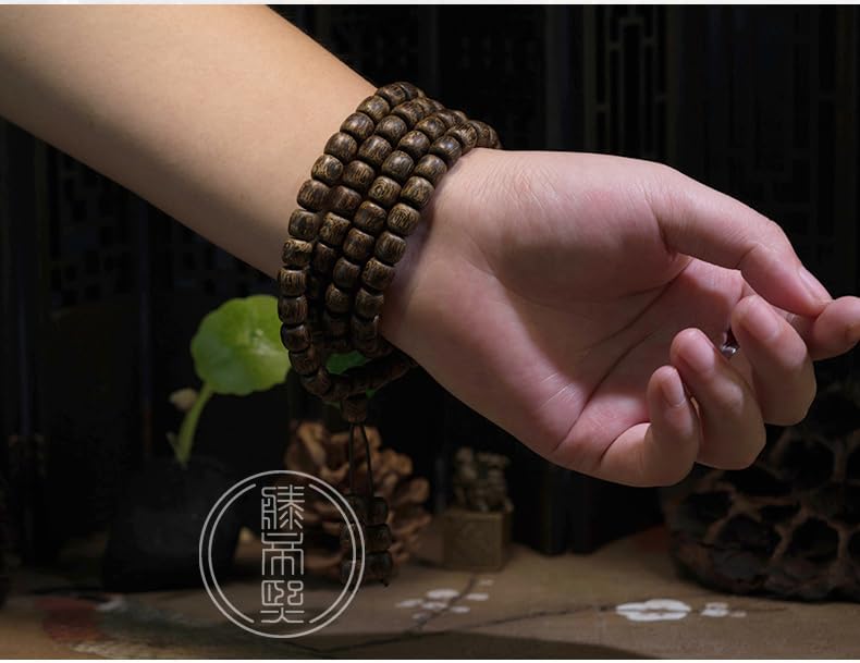 Kalimantan Agarwood 8mm*108 Beads Vintage Wooden Bead Bracelet Traditional Barrel-Shaped Buddhist Prayer Beads