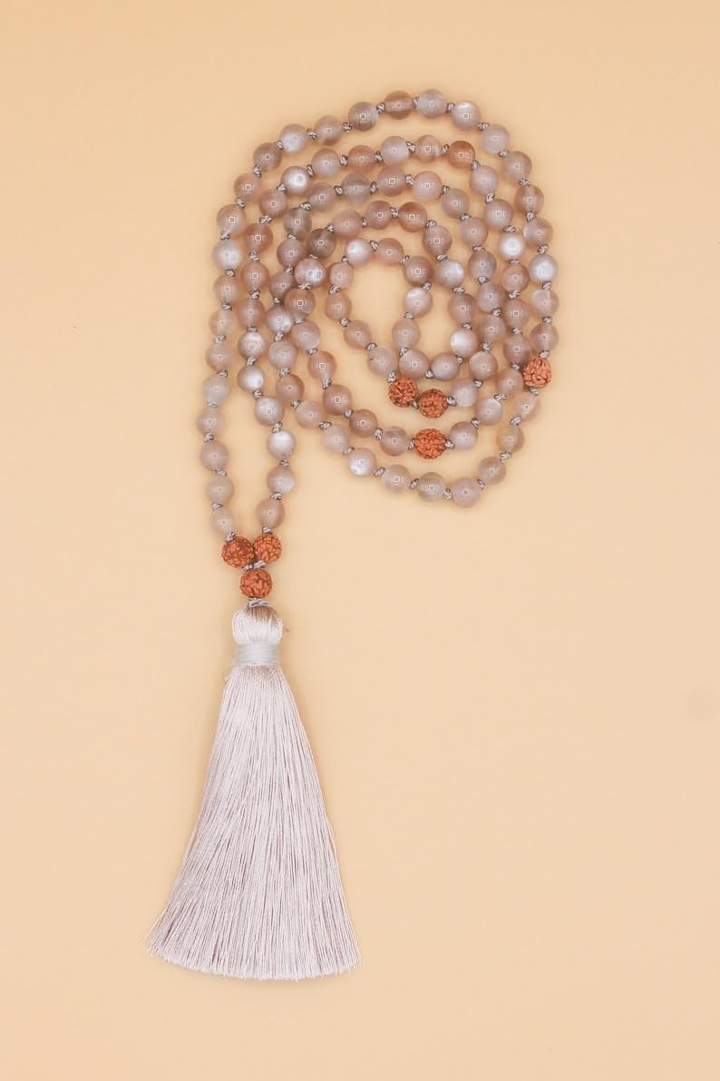 Natural gray Moonstone, rudraksh 8mm 108 Mala Beads, Spiritual, Meditation Beads, Reiki, Japa Mala, Buddhist Prayer Beads, Yoga Bracelet, healing beads LKMALA-RRGU-3765