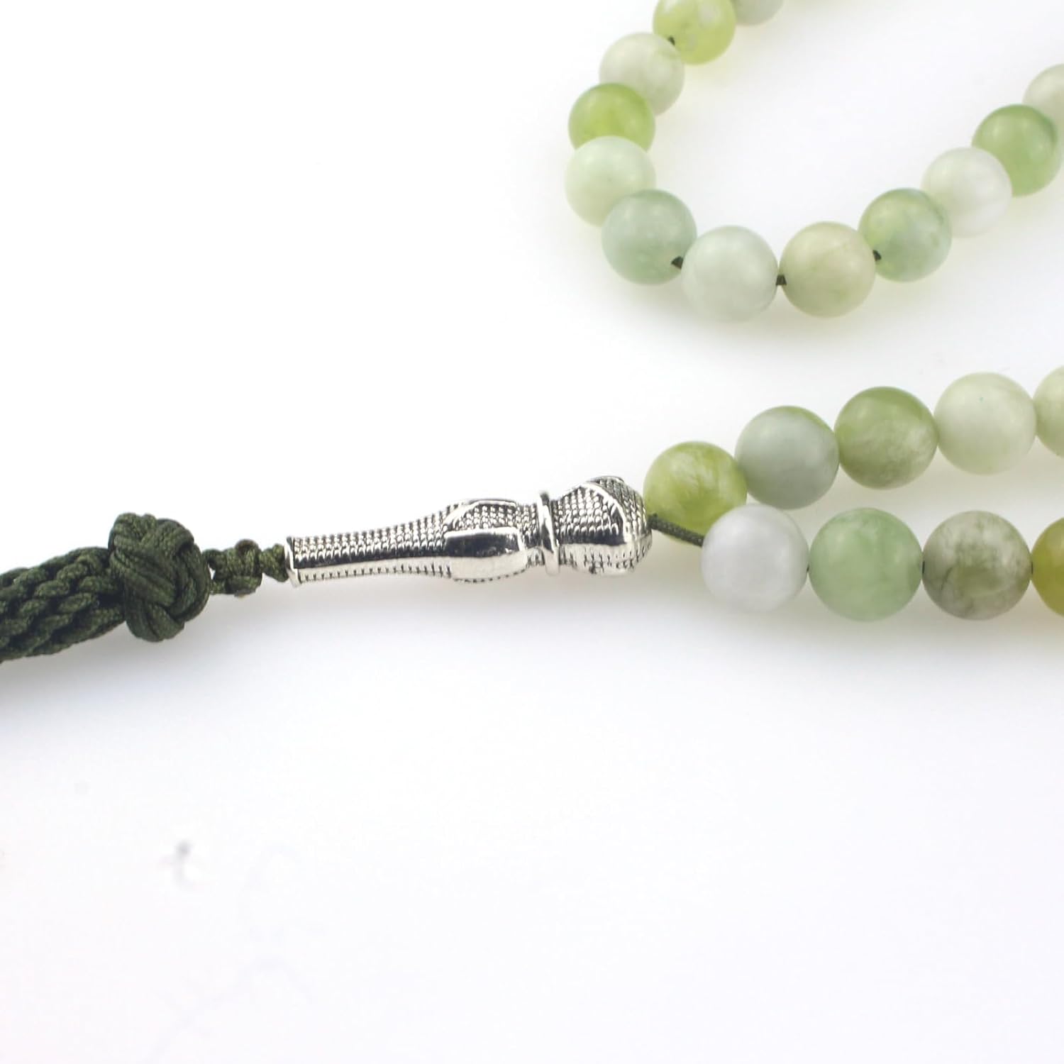 Muslims Islamic Dhikr 99 Tasbeeh Tasbih Prayer Beads, Light Green Jade Stone Beads with Tassel