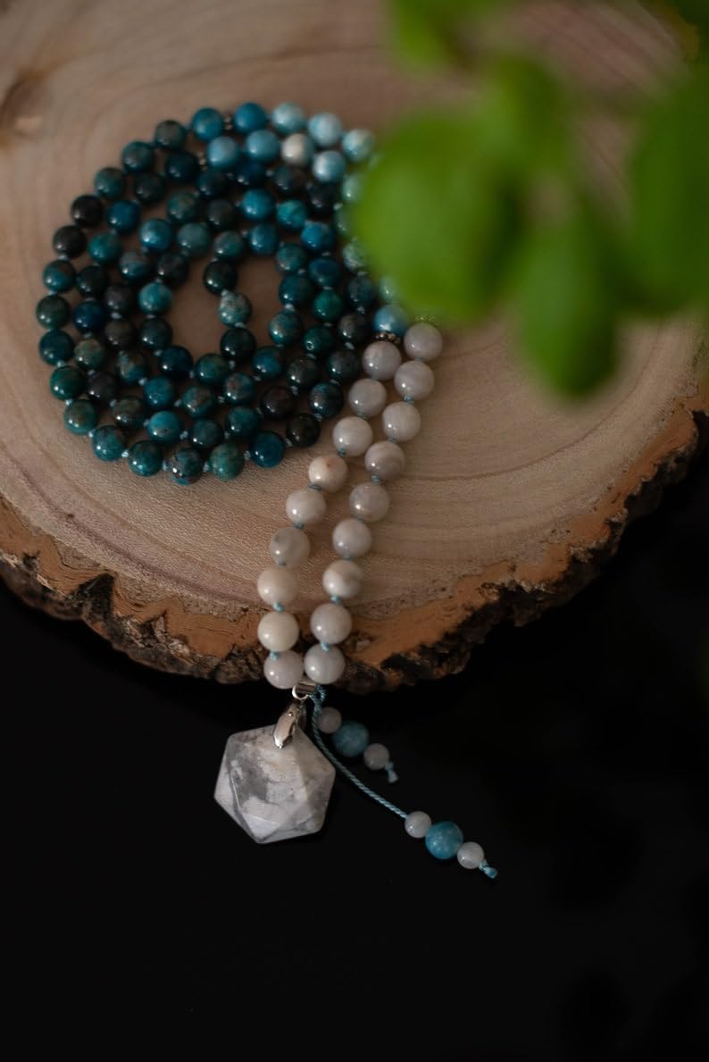 APATITE,LARIMAR,HOWLITE, Stone Mala Beads, 108 Mala Necklace, Knotted Mala, WWG Necklace, Yoga Jewelry Meditation Beads Spiritual Jewelry Boho Jewelry