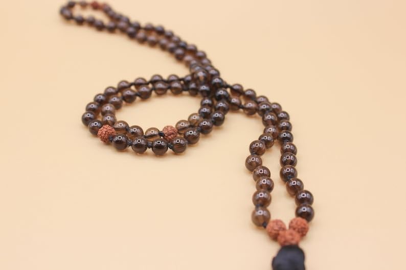 Natural Smoky Quartz, rudraksh 8mm 108 Mala Beads, Spiritual, Meditation Beads, Reiki, Japa Mala, Buddhist Prayer Beads, Yoga Bracelet, healing beads LKMALA-RRGU-3771
