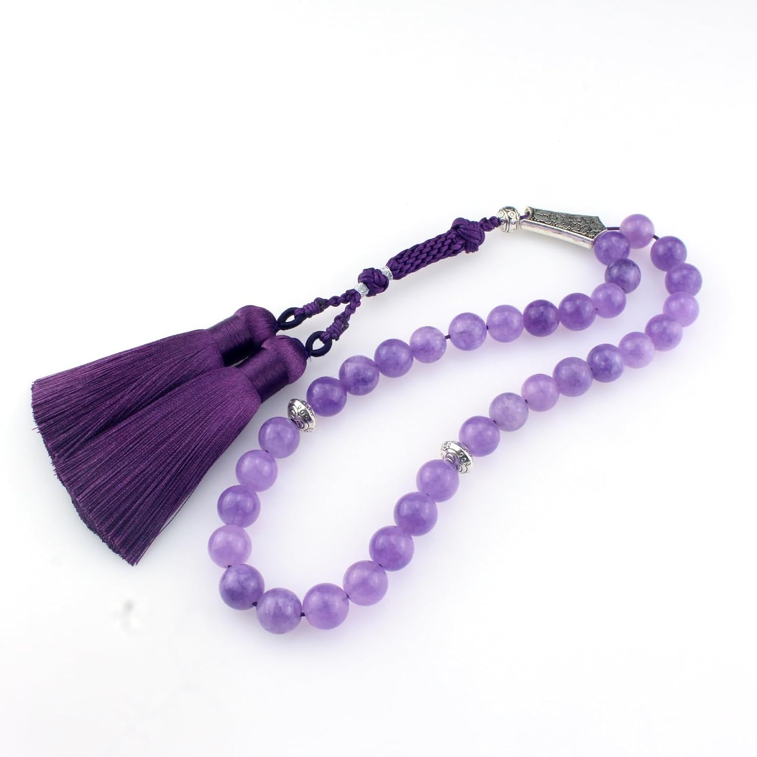 Muslims Islamic Dhikr 33 Tasbeeh Tasbih Prayer Beads, Purple Jade Stone Beads with Tassel