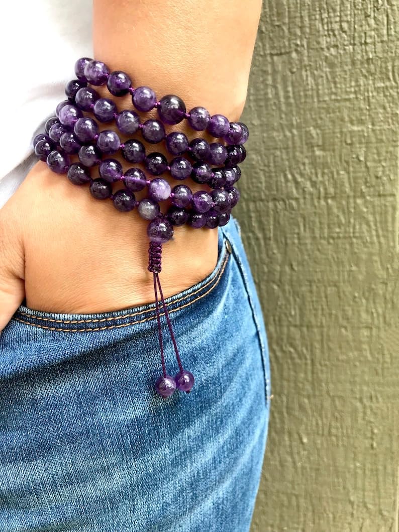 Natural Amethyst 8mm 108 Mala Beads, Spiritual, Meditation Beads, Reiki, Japa Mala, Buddhist Prayer Beads, Yoga Bracelet, healing beads LKMALA-RRGU-3295