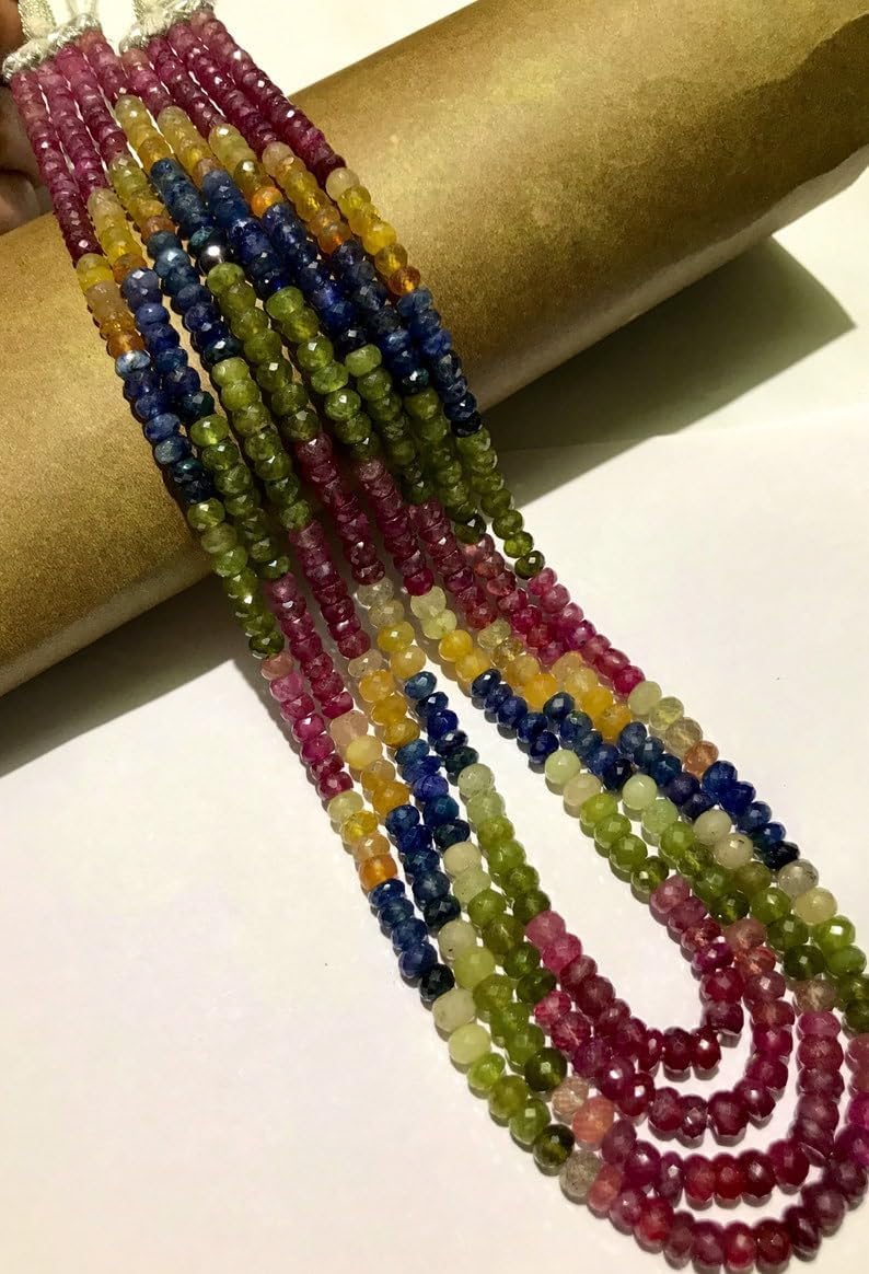 Natural Multi Sapphire roundelle facated Beads 5-7 MM 18 inch Long String Jewelry Making Gemstone Beads for Necklace Bracelet