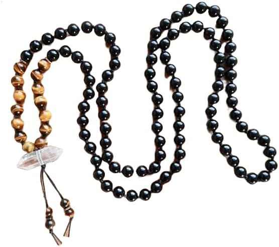Onyx, Tiger Eye, Clear Quartz Stone Mala Beads, 108 Mala Necklace, Knotted Mala, WWG Necklace, Yoga Jewelry Meditation Beads Spiritual Jewelry Boho Jewelry, 34inch, Gemstone