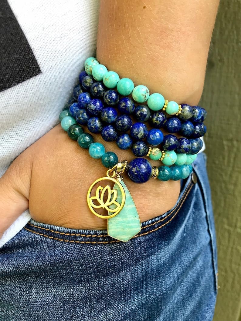 Natural Blue Apatite, Turquoise, Lapis Lazuli 8mm 108 Mala Beads, Spiritual, Meditation Beads, Reiki, Japa Mala, Buddhist Prayer Beads, Yoga Bracelet, healing beads LKMALA-RRGU-2502