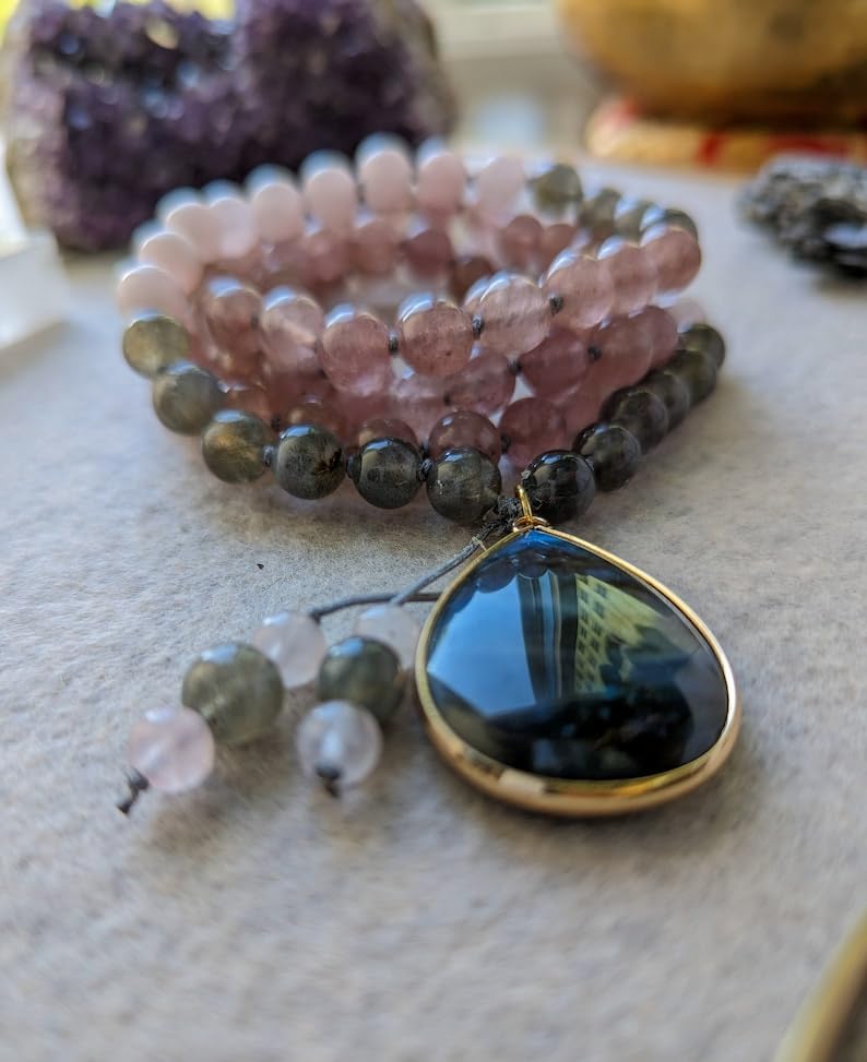 LABRADORITE and Strawberry Quartz Stone Mala Beads, 108 Mala Necklace, Knotted Mala, WWG Necklace, Yoga Jewelry Meditation Beads Spiritual Jewelry Boho Jewelry