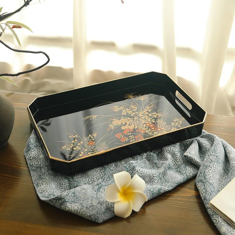 Tray Front Heavy Lacquerware Long Hand Tray Japanese Style Hand-Painted Fruit Tray Wedding Housewarming Gift Tea Tray Serving Trays(B)