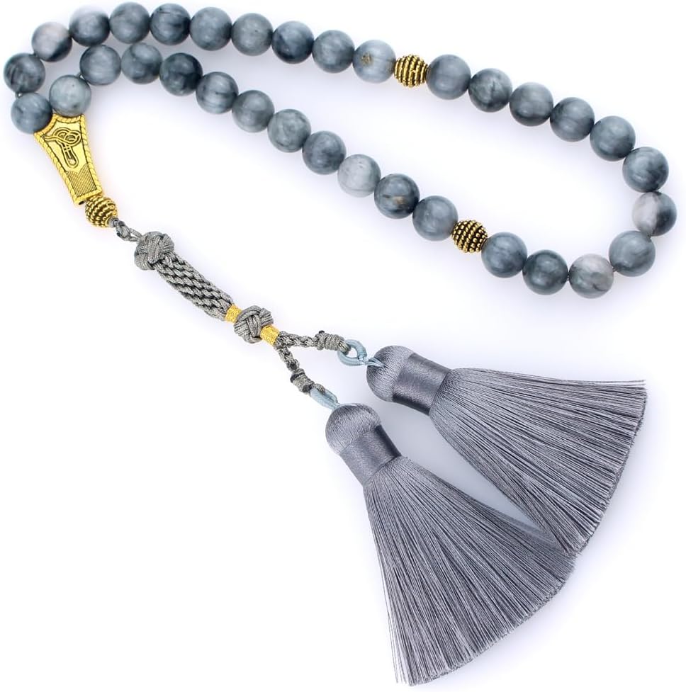 Muslims Islamic Dhikr 33 Tasbeeh Tasbih Prayer Beads, Grey Stone Beads with Tassel