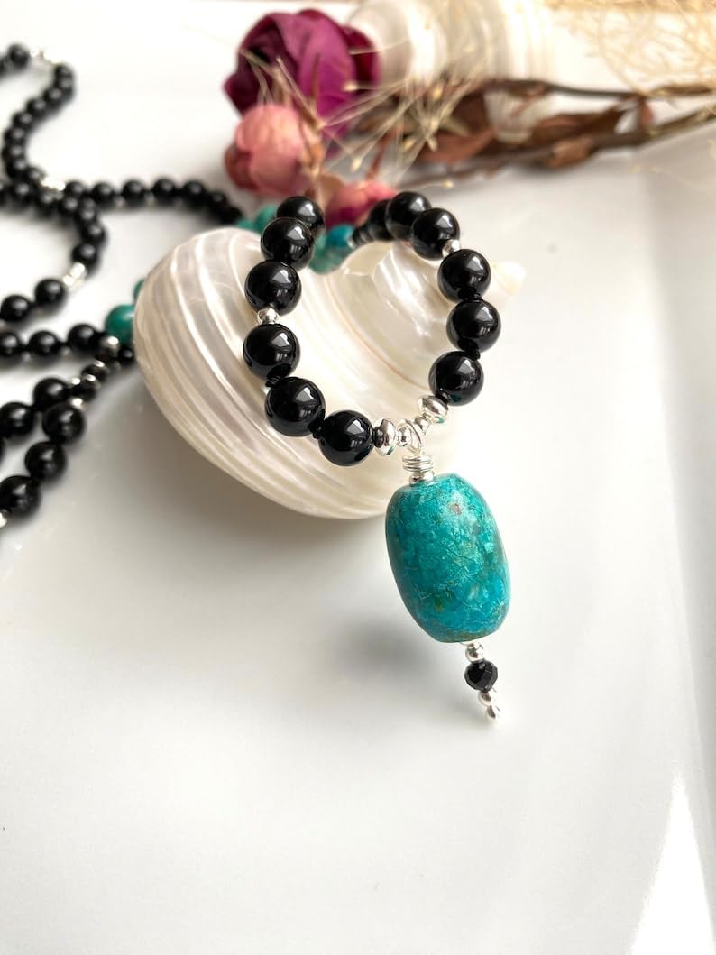 Natural chrysocolla and black tourmaline 6mm 108 Mala Beads, Spiritual, Meditation Beads, Reiki, Japa Mala, Buddhist Prayer Beads, Yoga Bracelet, healing beads LKMALA-RRGU-3420