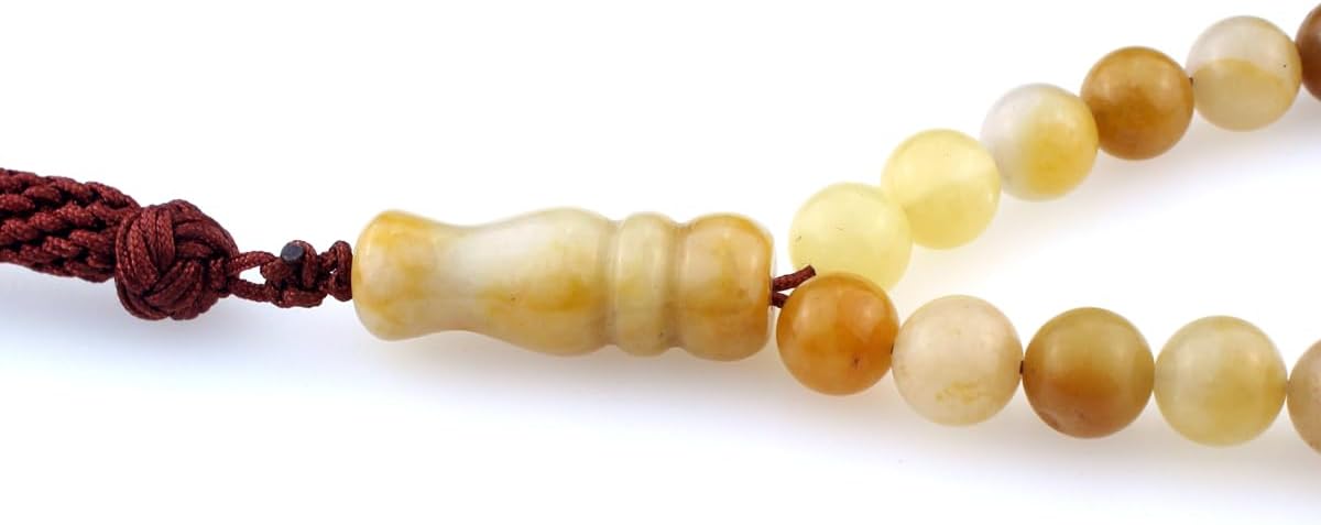 Muslims Islamic Dhikr 99 Tasbeeh Tasbih Prayer Beads, Yellow Jade Stone Beads with Tassel
