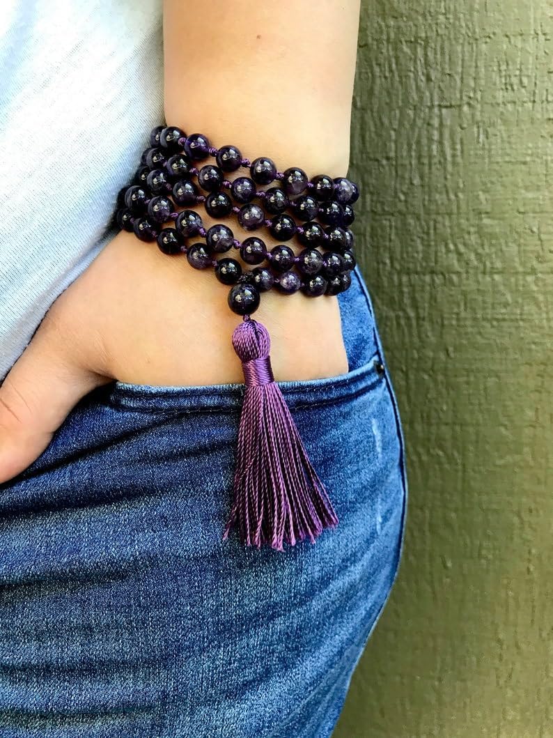 Natural Root Chakra AMETHYST 8mm 108 Mala Beads, Spiritual, Meditation Beads, Reiki, Japa Mala, Buddhist Prayer Beads, Yoga Bracelet, healing beads LKMALA-RRGU-1331