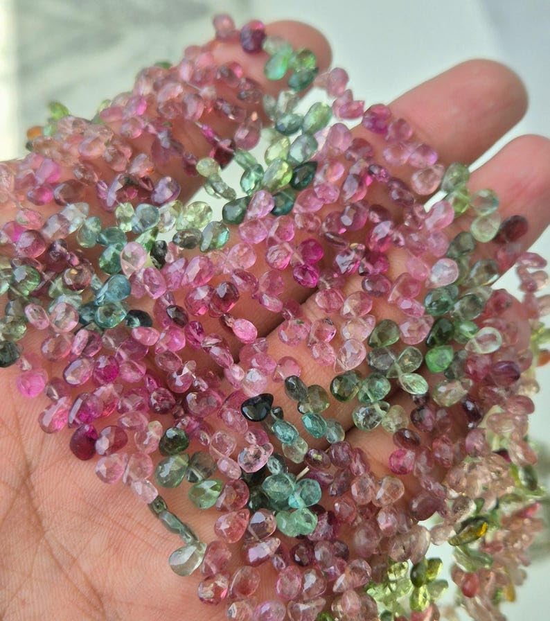 Natural Multi Tourmaline Faceted Pear Shape Beads, Pink and Green, 5x7mm, 8 Inch Strand, Semi-Precious Gemstone Jewelry Making Supplies