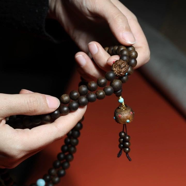 Brunei Agarwood 8mm Prayer Beads with Embedded Green Turquoise and South Red Lotus Pods, Honey-Sweet Aroma, 90% Aged
