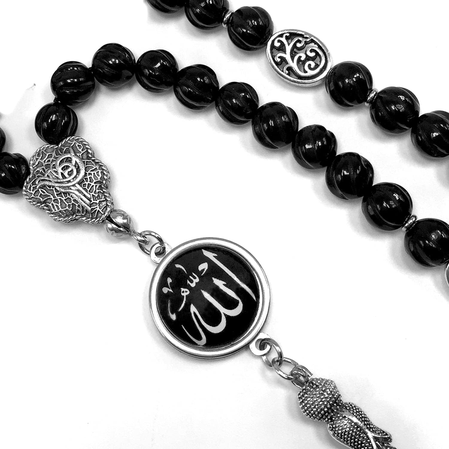 -Regal Collection- Prayer Beads-Tesbih-Tasbih-Tasbeeh-Misbaha-Masbaha-Subha-Sebha-Sibha-Rosary (-Genuine Carved Black Agate Stone -8mm 33 Beads- & Black Agate Bracelet-)