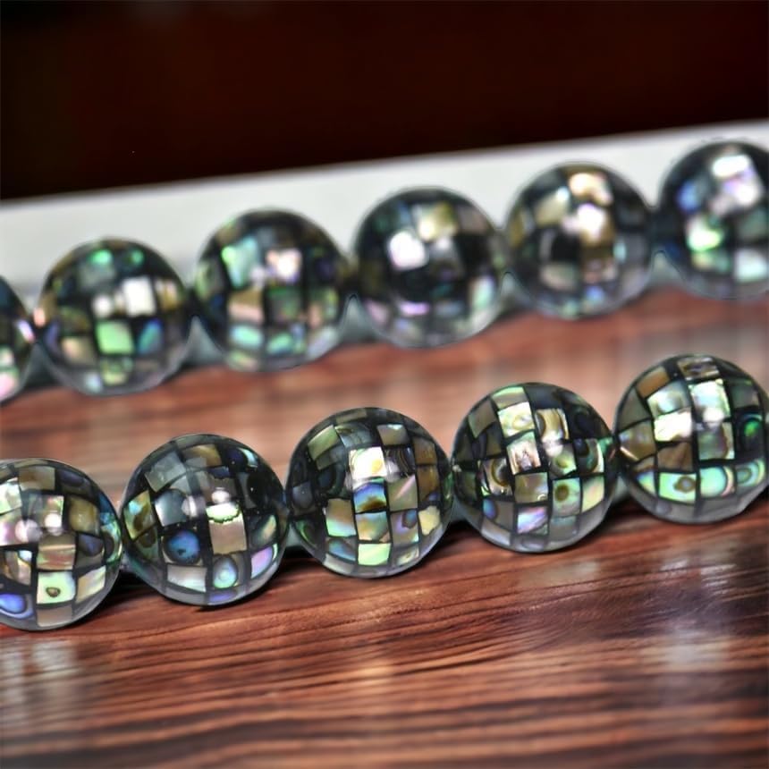ABCGEMS (Full Strand) Gigantic New Zealand Abalone Beads (Each Bead is a Testament to Labor-Intensive Artistry- Exquisite Craftmanship) Checkerboard-Inlaid Mosaic Smooth Round 14mm (28 Beads)