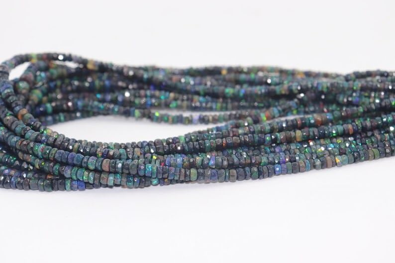 AAA+ Black Ethiopian Opal Faceted Rondelle Beads 3-5.5 Multi Fire Black Opal Rondelle Beads Strand for Jewelry Making