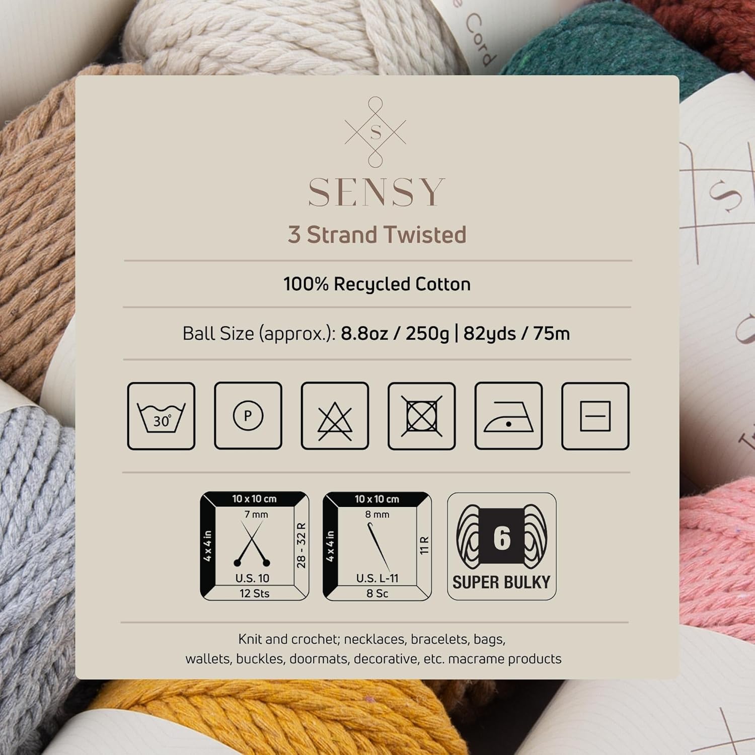 8 Skeins of Sensy Premium Macrame Cord 3mm 100 Percent Cotton, 245 Feet, 3 Strand Twisted, Macrame Rope, Macrame String Cotton Yarn, Macrame Yarn (Silver)