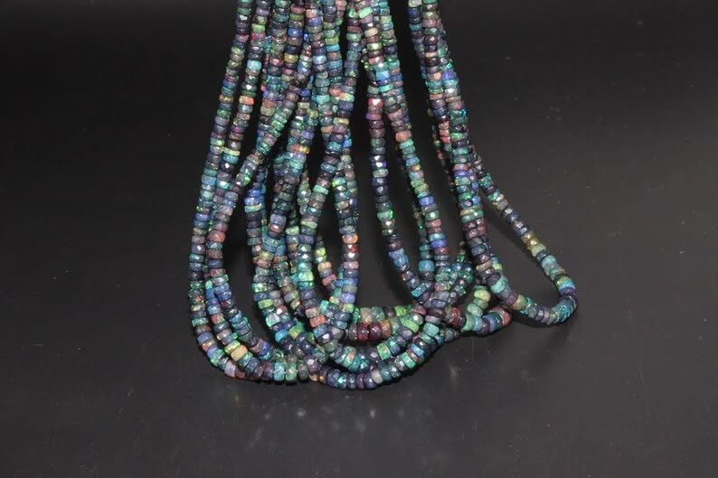 AAA+ Black Ethiopian Opal Faceted Rondelle Beads 3-5.5 Multi Fire Black Opal Rondelle Beads Strand for Jewelry Making