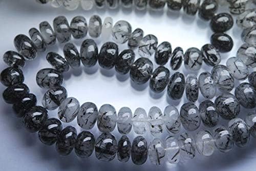 13 inch natural beads strand of 8-9mm smooth rondelle black tourmalinated quartz gemstone beads for DIY jewelry - necklace, bracelet, earring, ring.