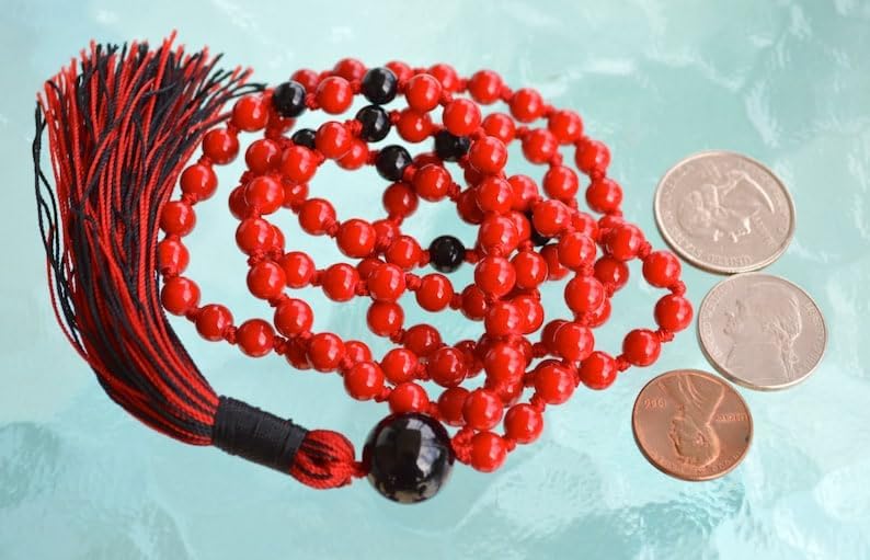 Natural Red Coral,Black Onyx 8mm 108 Mala Beads, Spiritual, Meditation Beads, Reiki, Japa Mala, Buddhist Prayer Beads, Yoga Bracelet, healing beads LKMALA-RRGU-1837, 34 inch