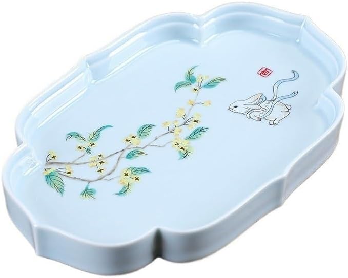 Tray Chinese Ceramic Tea Tray Dessert Tray Tea Tray Tea Tray Dry Tray Table Fruit Tray Fruit Tray Dinner Plate Snack Plate Dish Serving Trays(Cyan,B)