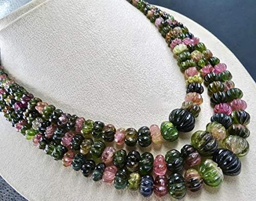 LKBEADS 3 Line Natural Multi Tourmaline Melon Carved Beads Necklace 19 INCHES 16 MM to 6 MM Code-HIGH-46358
