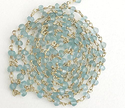 LKBEADS 5 Feet Aquamarine Wire Wrapped Faceted Rondelle Beads, Rosary Style Beaded Chain