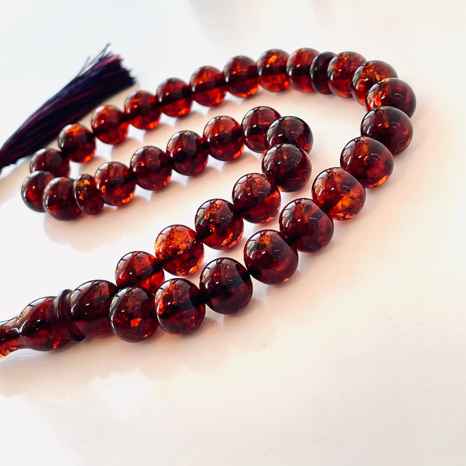 AMBERSTONE Muslim Prayer Beads Tasbih - Premium Handmade Baltic Amber Tasbeeh for Dhikr - Natural Cherry Amber Islamic Rosary Misbaha Subha - 33 Beads / 18 g