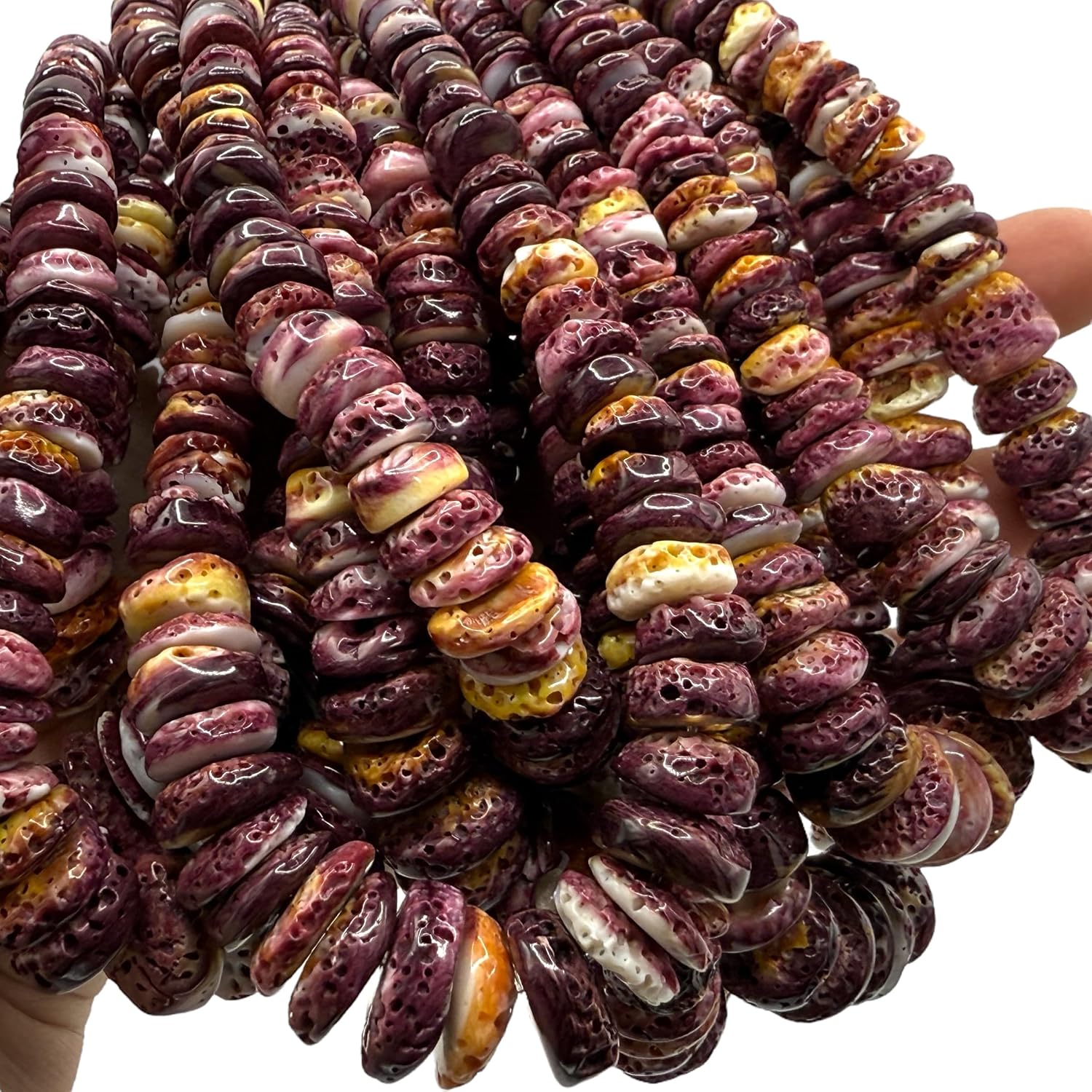 ABCGEMS Gigantic Purple Spiny Oyster Shell Beads (Ethically Sourced- Small Batch Production) Raw Texture with Yellow Highlights - Ocean Formed Pinholes Over 10+ Years - Heishi 8-20mm (Graduated)