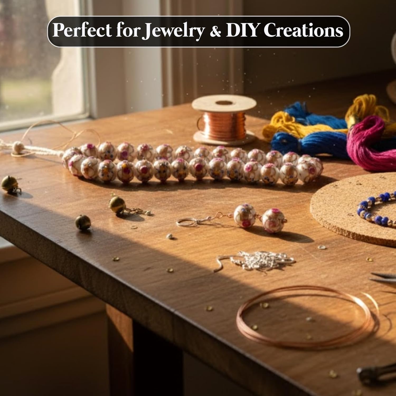 Handcrafted White Designer Glass Beads | 16mm Murano Style Lampwork Beads with Golden Swirls & Dotted Accents | Available in 10 Strands | Jewelry & DIY Crafts.