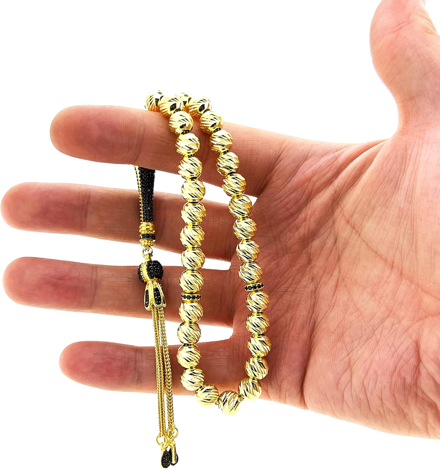 925 Sterling Silver Gold Plated Onyx Islamic Prayer Beads Rosary Tasbeeh Misbaha