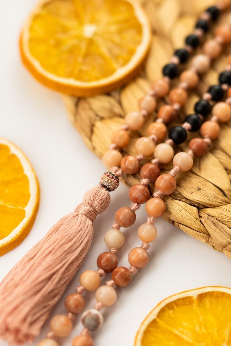 rhodonite,black onyx Stone Mala Beads, 108 Mala Necklace, Knotted Mala, WWG Necklace, Yoga Jewelry Meditation Beads Spiritual Jewelry Boho Jewelry, 34inch, Gemstone