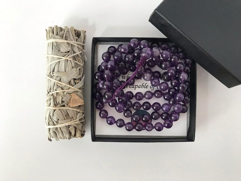 Natural AMETHYST 8mm 108 Mala Beads, Spiritual, Meditation Beads, Reiki, Japa Mala, Buddhist Prayer Beads, Yoga Bracelet, healing beads LKMALA-RRGU-1330