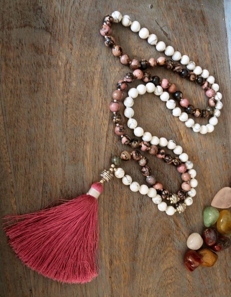 Natural Howlite Rhodonite 8mm 108 Mala Beads, Spiritual, Meditation Beads, Reiki, Japa Mala, Buddhist Prayer Beads, Yoga Bracelet, healing beads LKMALA-RRGU-3538, 34 inch