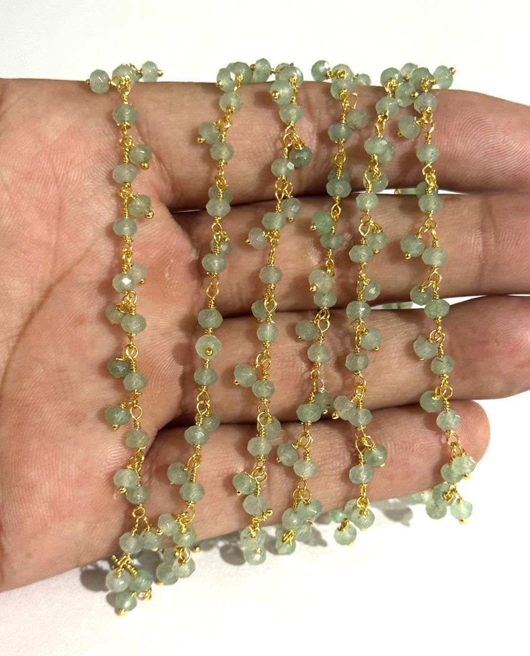 4mm Faceted Green Aventurine Jade Beaded Rosary Cluster Chain with Gold Plated Wire, Jewelry Making Supply by Foot 5 feet