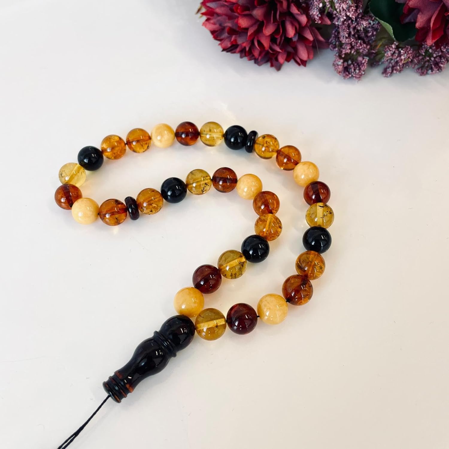 AMBERSTONE Multicoloured Islamic Prayer Beads - Muslim Rosary - Premium Handmade Tasbeeh for Dhikr - Natural Baltic Amber Misbaha - 33 Beads / 20 g