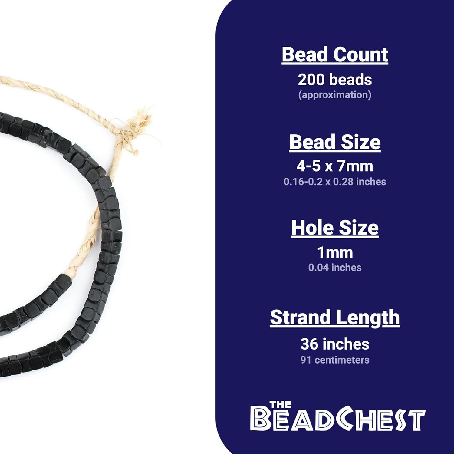 The Bead Chest Rare Black Square Snake Beads Long Strand 7mm Nigeria African Interlocking Glass 36 Inch Strand Handmade