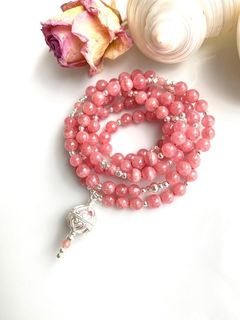 Natural rhodochrosite 6mm 108 Mala Beads, Spiritual, Meditation Beads, Reiki, Japa Mala, Buddhist Prayer Beads, Yoga Bracelet, healing beads LKMALA-RRGU-3410
