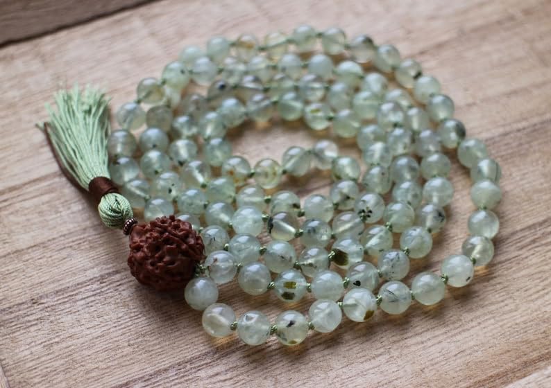 Natural Prehnite and Rudraksha 8mm 108 Mala Beads, Spiritual, Meditation Beads, Reiki, Japa Mala, Buddhist Prayer Beads, Yoga Bracelet, healing beads LKMALA-RRGU-2939