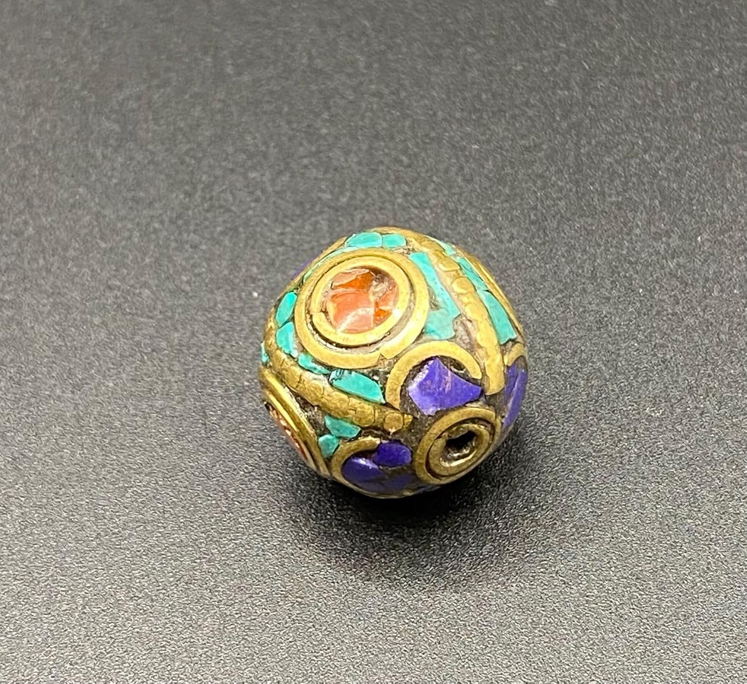 Old Antique Nepali Tibetan Handmade Brass Bead 20mm 10g | Turquoise,Lapis Lazuli & Coral Inlay Round Bead | Ethnic Boho Jewelry Supply | for Pendant Bracelet Necklace Making (50)
