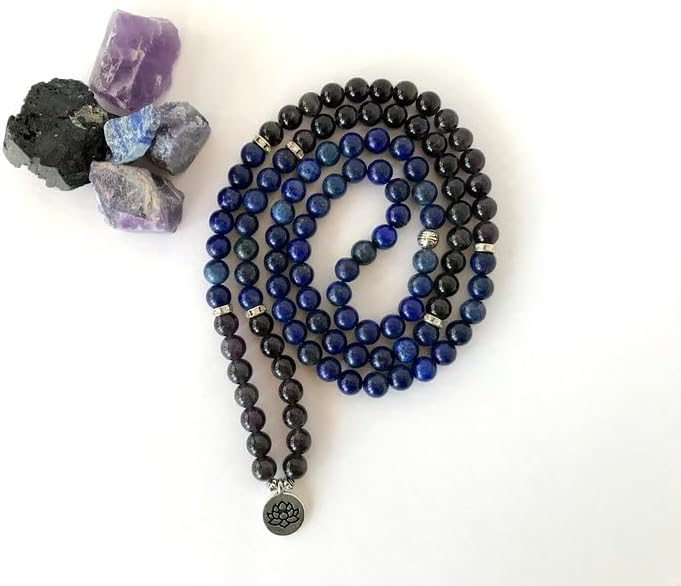 Natural Lapis Lazuli and Amethyst 8mm 108 Mala Beads, Spiritual, Meditation Beads, Reiki, Japa Mala, Buddhist Prayer Beads, Yoga Bracelet, healing beads LKMALA-RRGU-3338