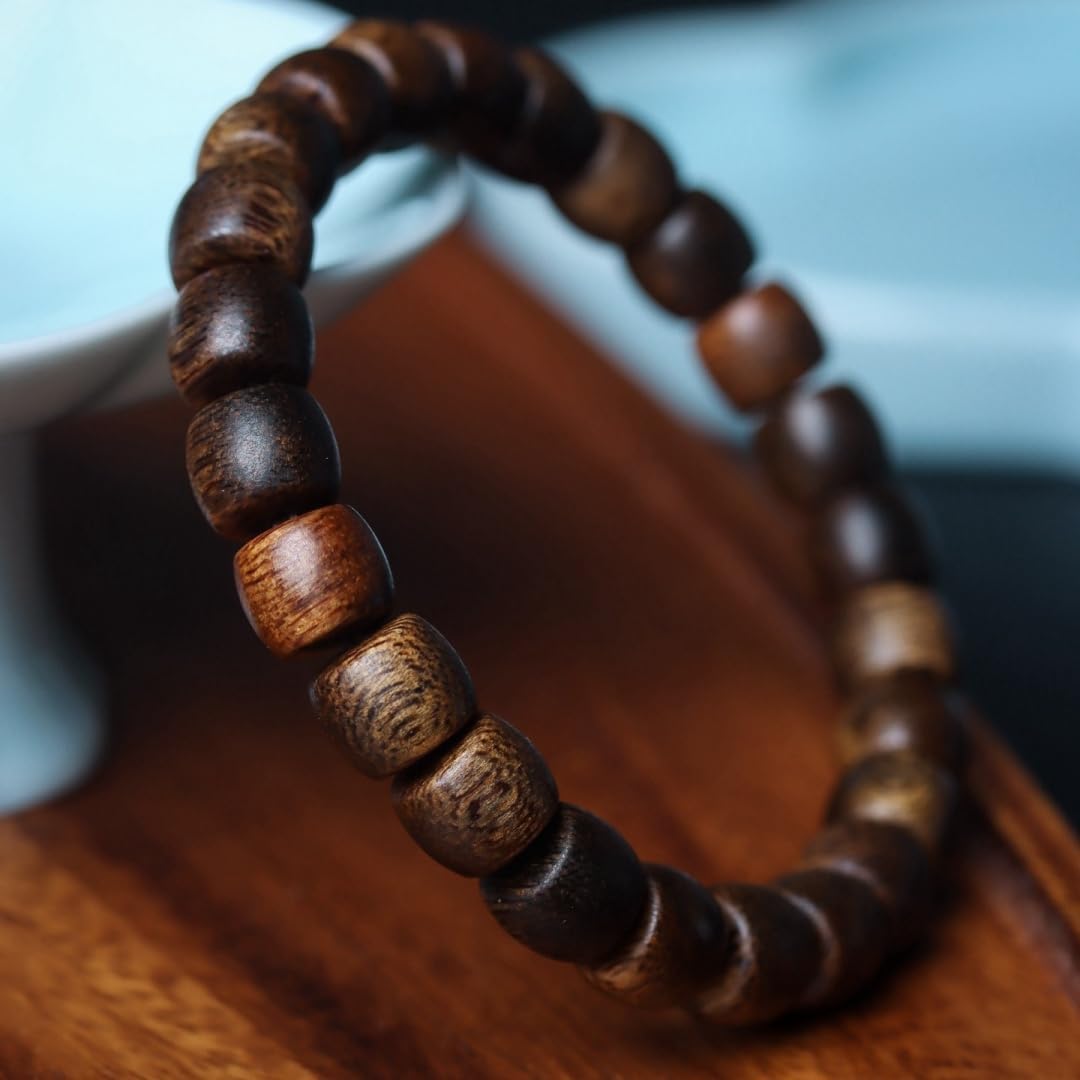 Hainan Yingge Green Aquilaria Agallocha Agarwood 9mm Barrel Beads Single Strand Full Grain, Dense Fragrance, Sweet and Cool Sink-Grade