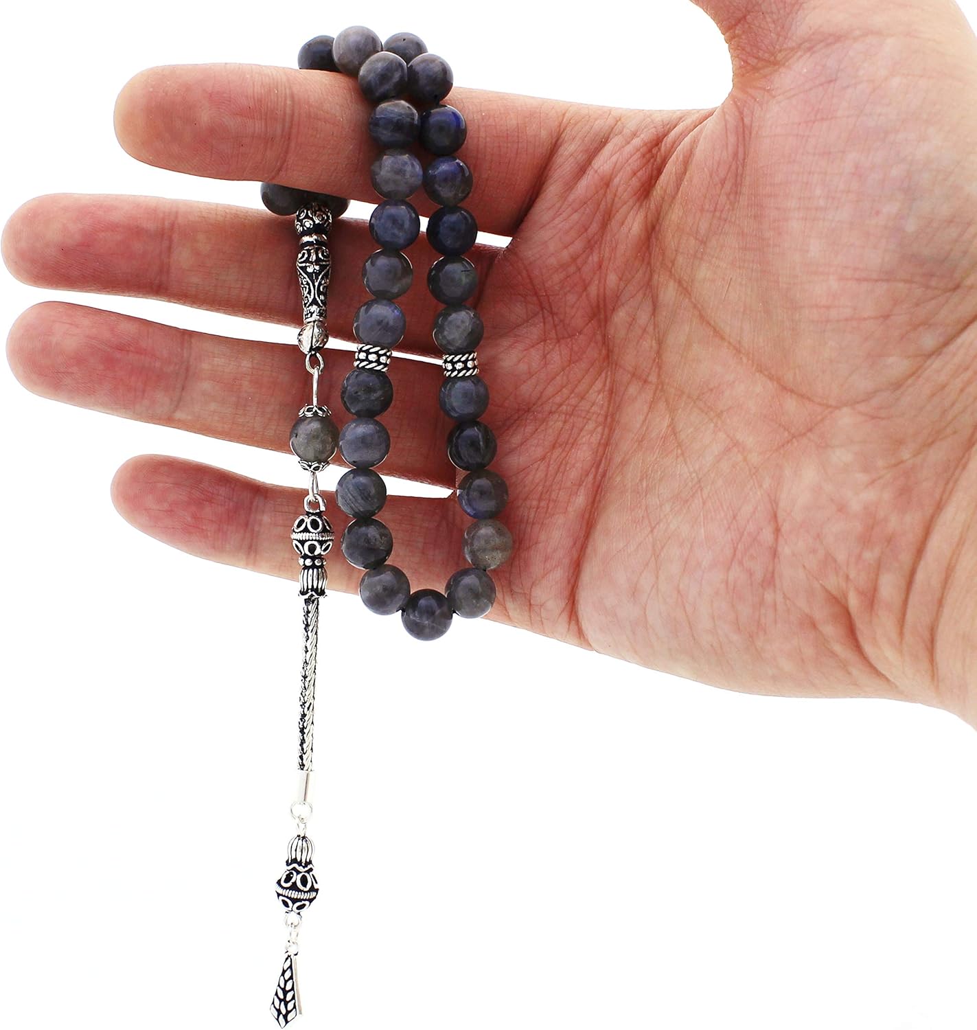 925 Sterling Silver Tassel Labradorite Islamic 33 Prayer Beads Tasbeeh Misbaha