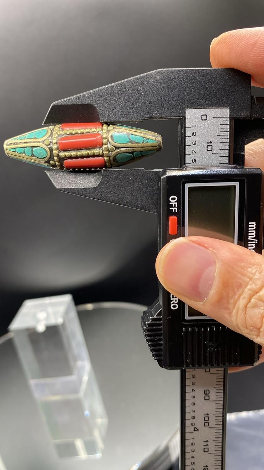 Handcrafted 13g Nepalese Tibetan Brass Bead with Turquoise & Coral Inlay – Vintage Ethnic Dzi Style Barrel Bead for Jewelry Making