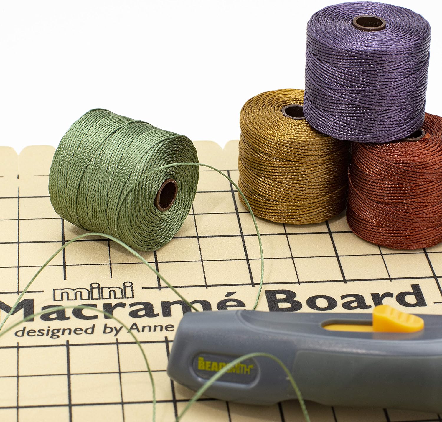 The Beadsmith Mini Macrame Kit - Bead Board 7.5 x 10.5 inches - Thread Zap II - 5.25” Thread Burner - S-Lon Cord #18 Cord, Multipack with 4 Spools – for Macrame and Knotting Jewelry Projects