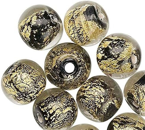 10 Lampwork Glass Black with Gold Foil in Clear 8mm Round Beads
