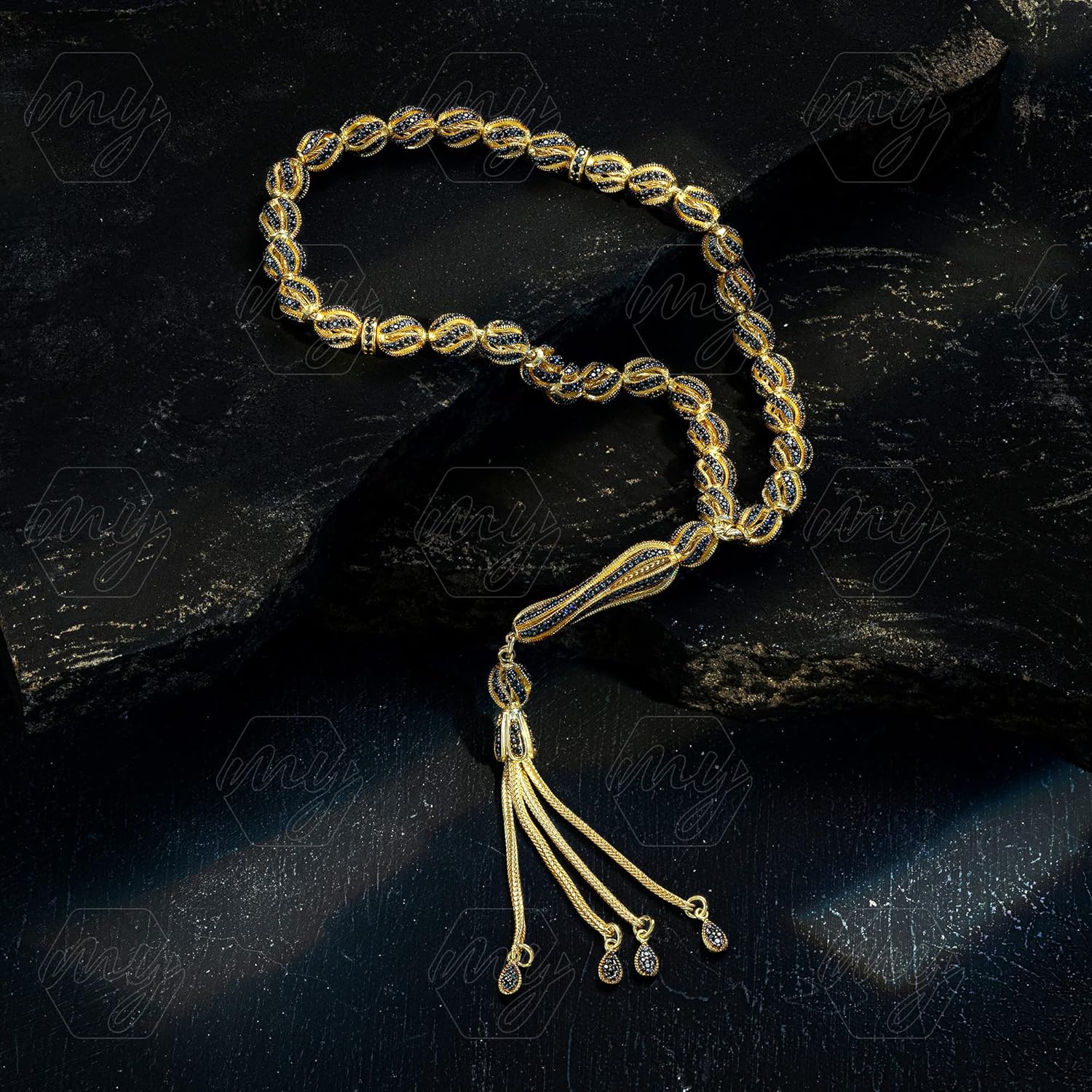 925 Sterling Silver Gold Plated Onyx Islamic Prayer Beads Rosary Tasbeeh Misbaha