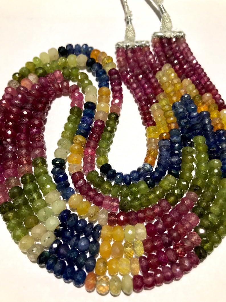 Natural Multi Sapphire roundelle facated Beads 5-7 MM 18 inch Long String Jewelry Making Gemstone Beads for Necklace Bracelet